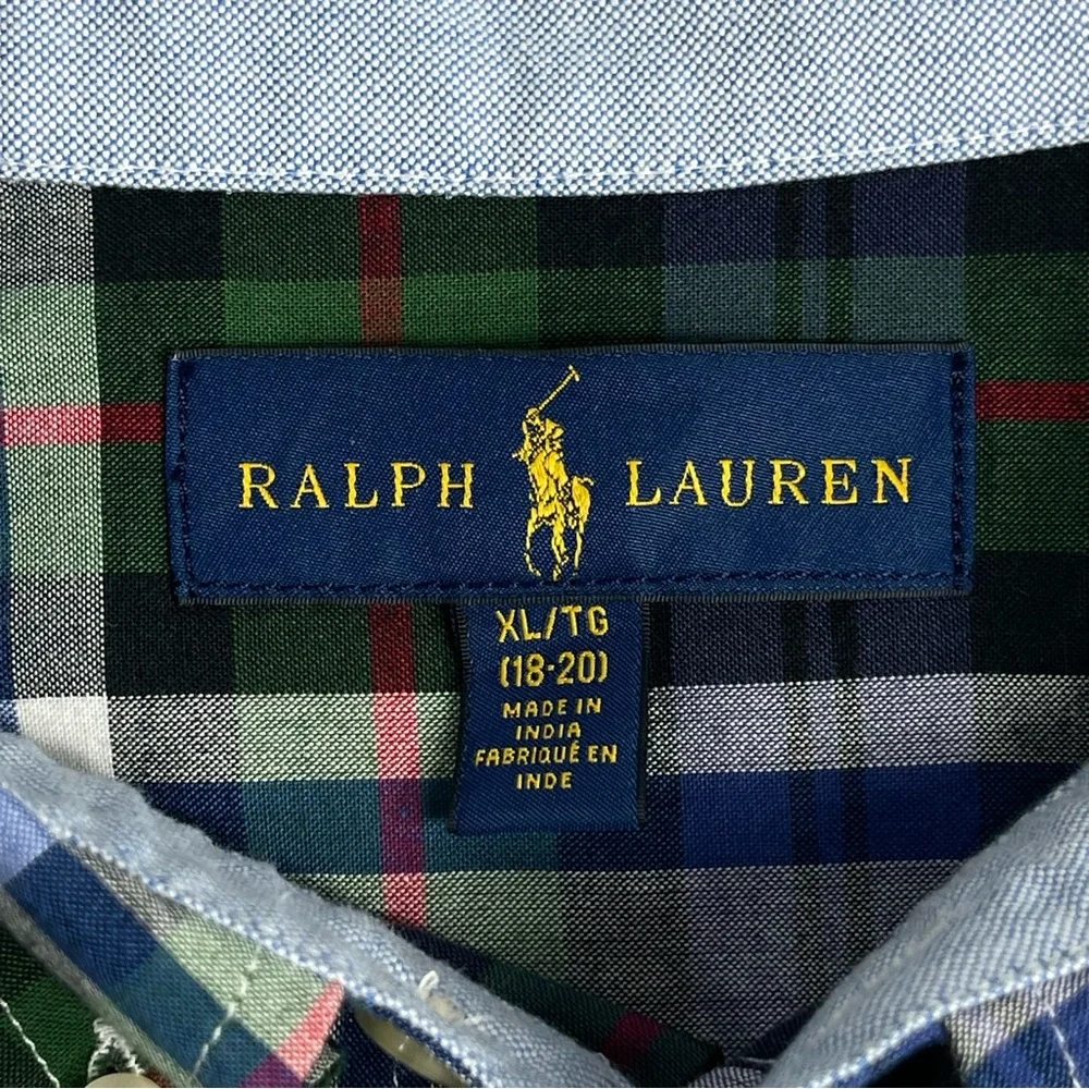 RALPH LAUREN Youth Boy's Blue Green Plaid Long Sleeve Button Down Shirt Size XL